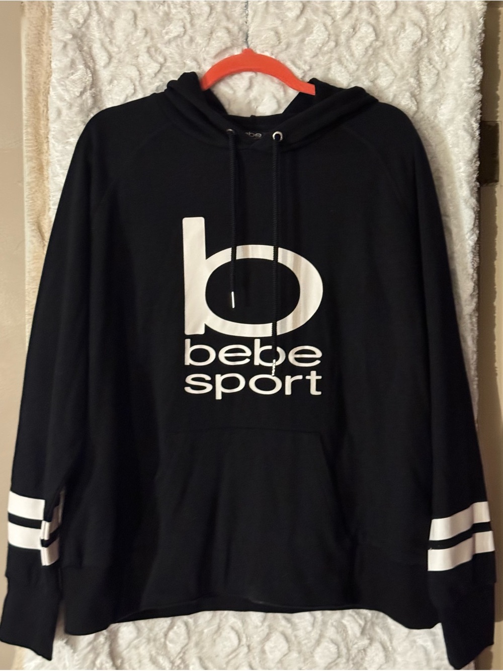 bebe Black Hoodie with White Logo and Sleeve Stripes